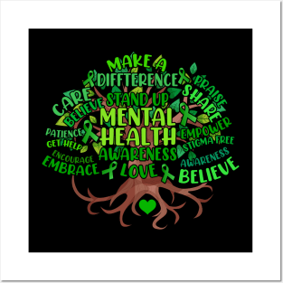 Mental Health Awareness Tree Mens Womens Grreen Ribbon Posters and Art